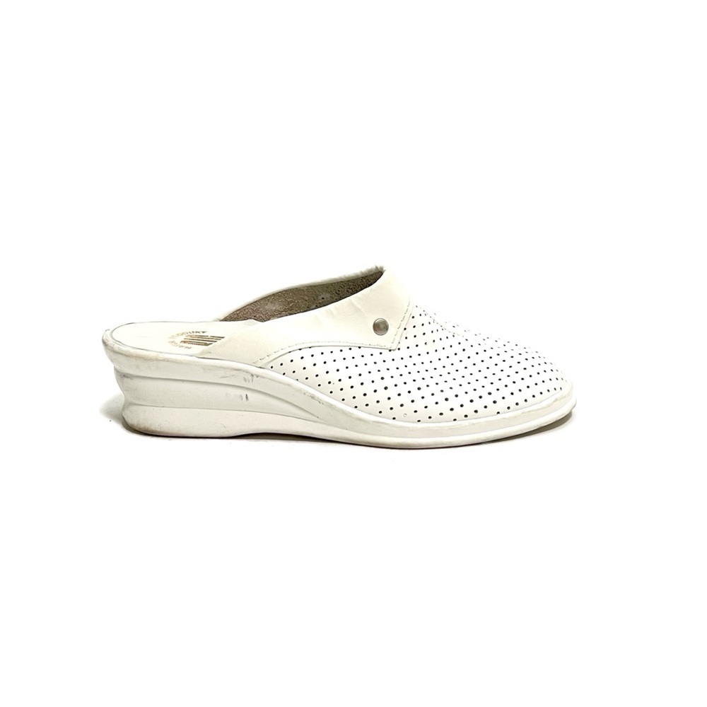 Vintage 1970s white leather dot vented slip on wedge nurse clogs